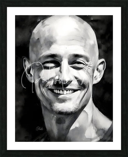 Black and white watercolor portrait of a smiling bald man in a black frame with white mat titled happiness