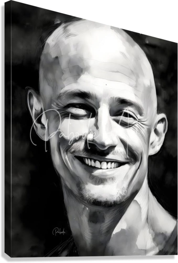 Black and white watercolor portrait of a smiling bald man on stretched canvas titled happiness