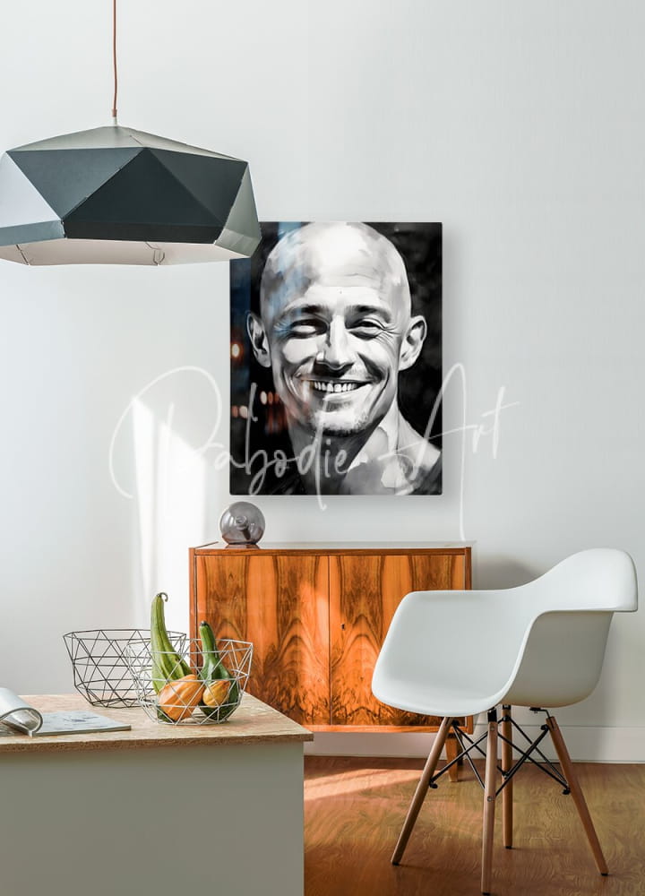 Black-and-white portrait canvas titled happiness featuring a smiling bald man in formal attire mounted on a white wall