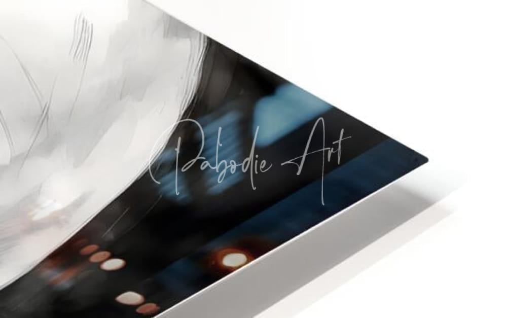 A sleek angled art print titled happiness featuring a watercolor cityscape with soft bokeh lights and silver pabodie art text