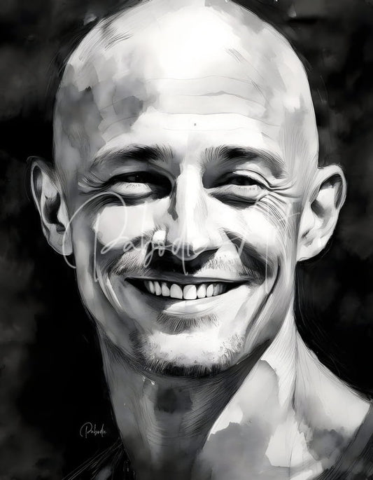 A black and white watercolor portrait of a smiling bald man with detailed facial features titled happiness