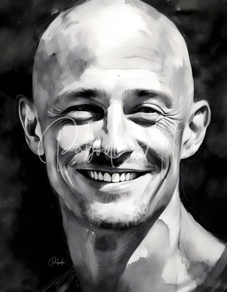 A black-and-white watercolor portrait of a smiling bald man with detailed facial features titled happiness