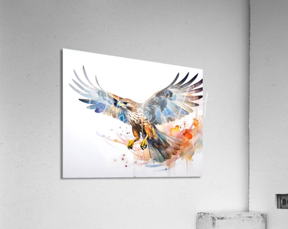 Watercolor-style hawk in flight ink wash artwork featuring vibrant blue orange and brown feathers on white background