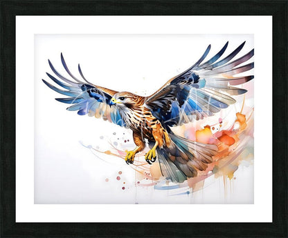 A vibrant watercolor painting titled Hawk in Flight Ink Wash featuring a soaring hawk with blue orange and brown feathers in an artistic frame