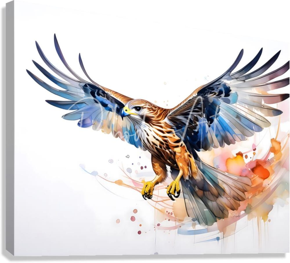 Vibrant watercolor painting of a hawk in flight with blue orange and brown brushstrokes on white canvas for wall art