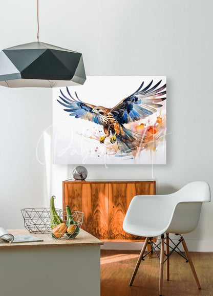 Watercolor painting of a hawk in flight with vibrant blue and orange wings in a white frame titled hawk in flight ink wash