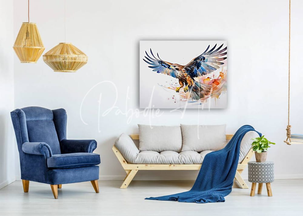 Watercolor painting of a soaring eagle with blue and brown feathers on white canvas titled hawk in flight ink wash