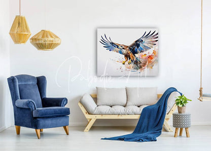 Watercolor painting of a soaring eagle with blue and brown feathers on white canvas titled hawk in flight ink wash