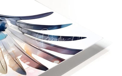 A sleek metallic silver wing-shaped accessory with iridescent blue and gold accents from hawk in flight ink wash