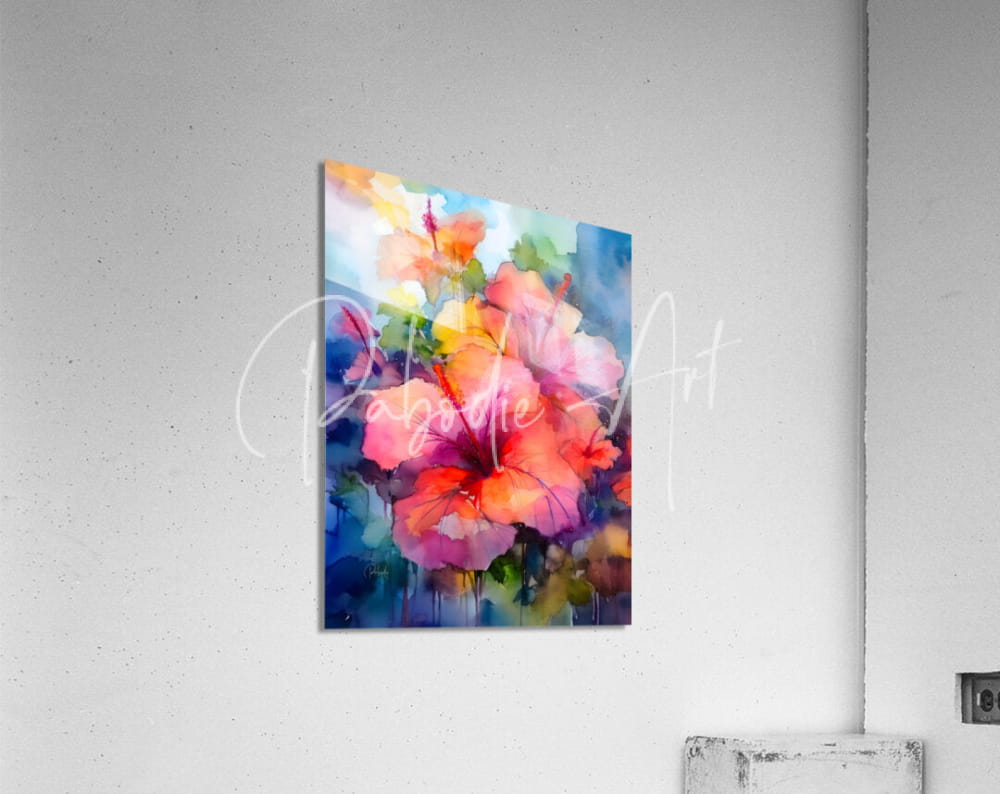Vibrant watercolor painting of tropical hibiscus flowers on a colorful acrylic print titled hibiscus bouquet