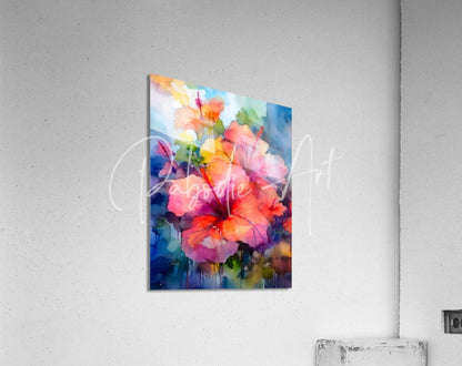 Vibrant watercolor painting of tropical hibiscus flowers on a colorful acrylic print titled hibiscus bouquet