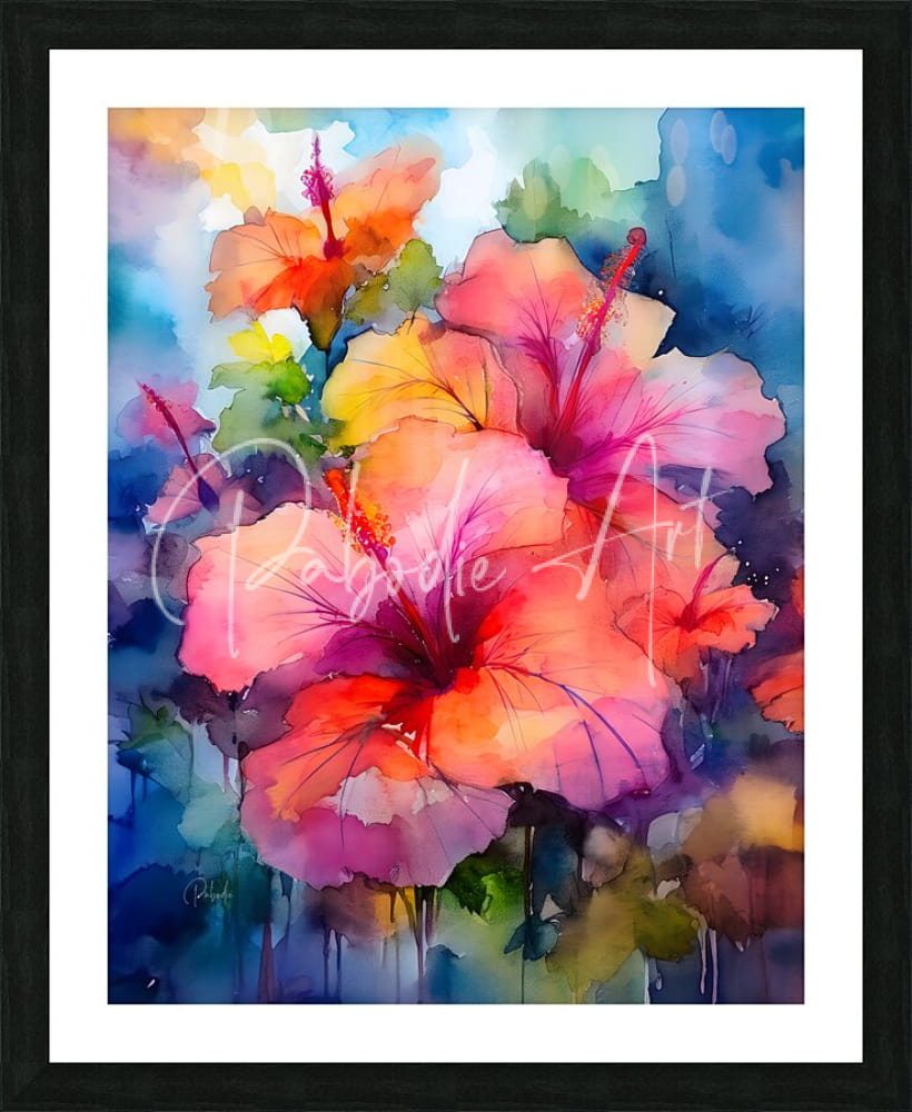 Vibrant hibiscus bouquet watercolor painting in pink orange and yellow hues framed in black