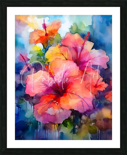 Vibrant hibiscus bouquet watercolor painting in pink orange and yellow hues framed in black