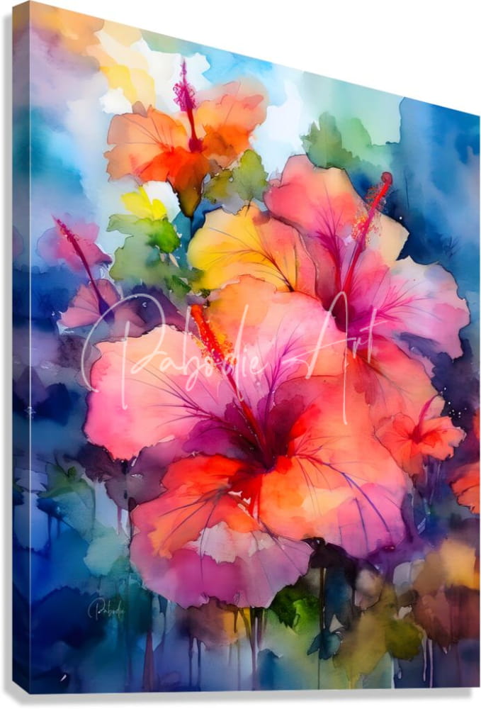Vibrant watercolor canvas print hibiscus bouquet with bold pink orange and yellow flowers on a blue background