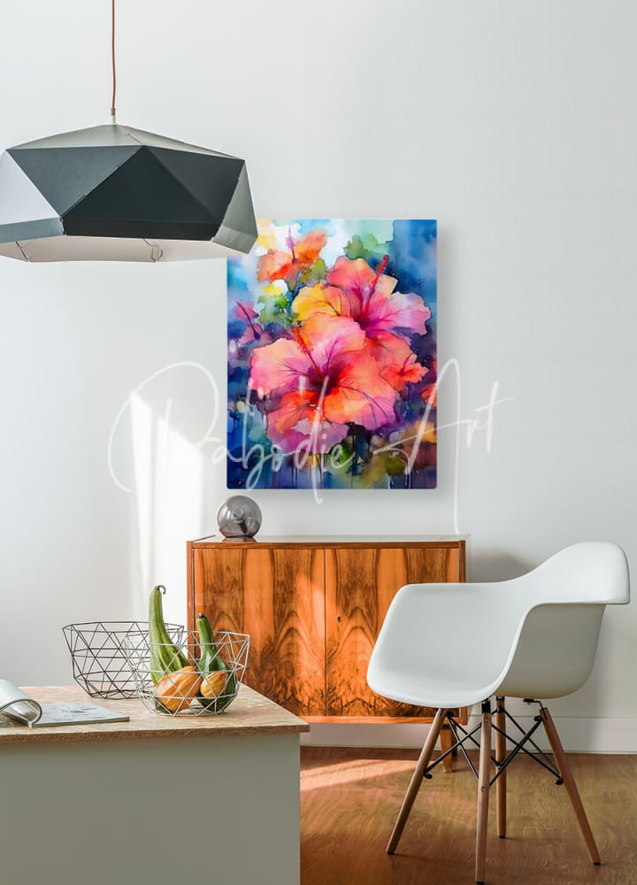 Vibrant watercolor painting of tropical hibiscus bouquet in pink orange and yellow hues on canvas artwork