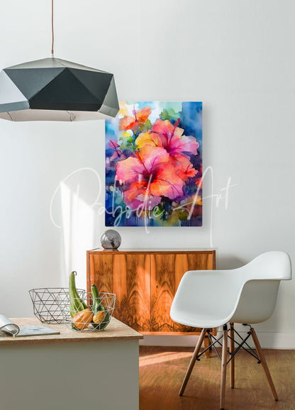 Vibrant watercolor painting of tropical hibiscus bouquet in pink orange and yellow hues on canvas artwork