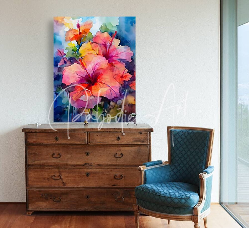 Vibrant watercolor hibiscus bouquet painting featuring pink orange and yellow tropical flowers on a blue background
