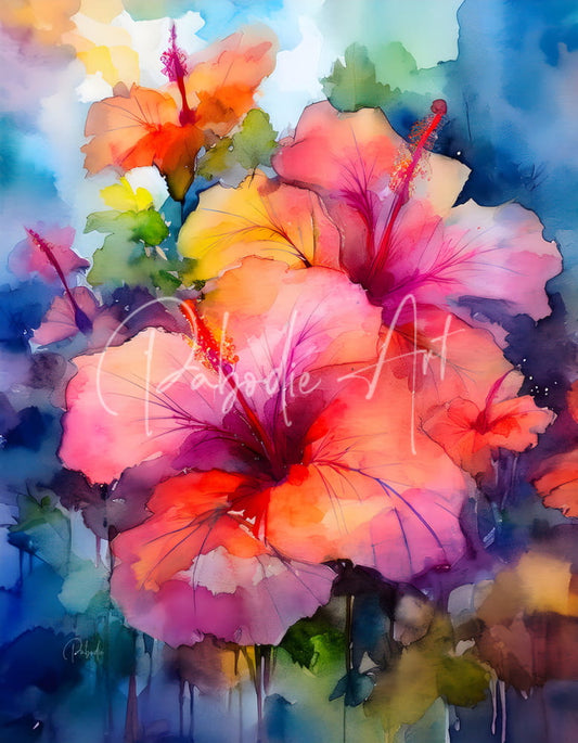 Vibrant watercolor painting of tropical hibiscus bouquet with pink orange and red flowers and soft green leaves on blue background