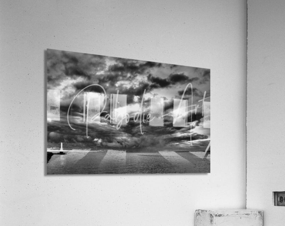 Black and white acrylic print of a dramatic sky over a crosswalk signed rabode art titled huron lighthouse incoming storm