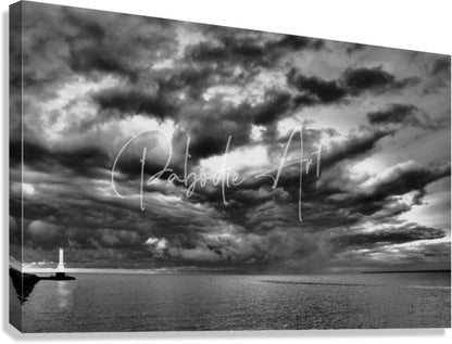 Black and white canvas print of Huron lighthouse with dramatic sky over water depicting an incoming storm