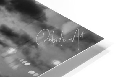 Black and white abstract art print titled huron lighthouse incoming storm with cursive pabodie art on glossy surface