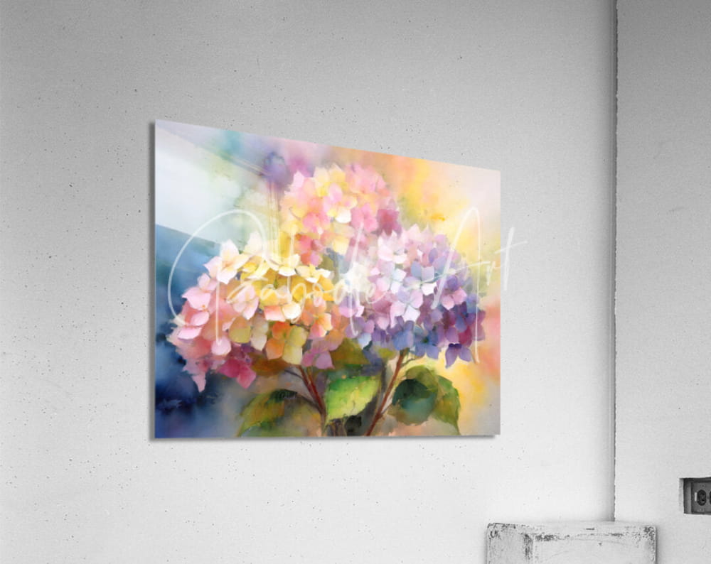 A vibrant watercolor hydrangea blooms painting in soft pastel hues on a sleek acrylic surface product display