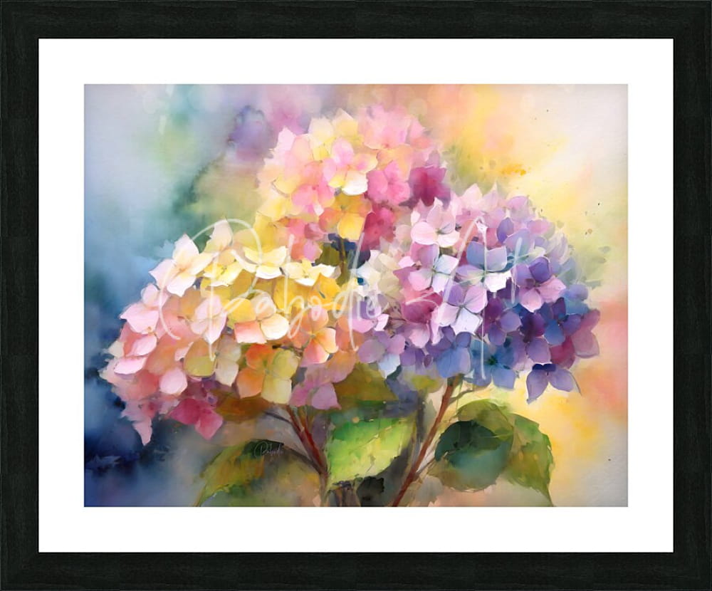 A vibrant watercolor painting of pastel hydrangea blooms framed in a sleek black frame with a white mat