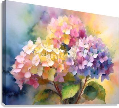 A vibrant watercolor painting of hydrangea blooms in pastel pink purple and yellow on a stretched canvas