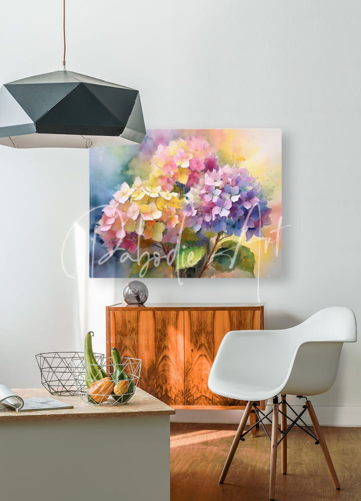 A vibrant watercolor painting of hydrangea blooms in soft pastel hues hanging on the wall