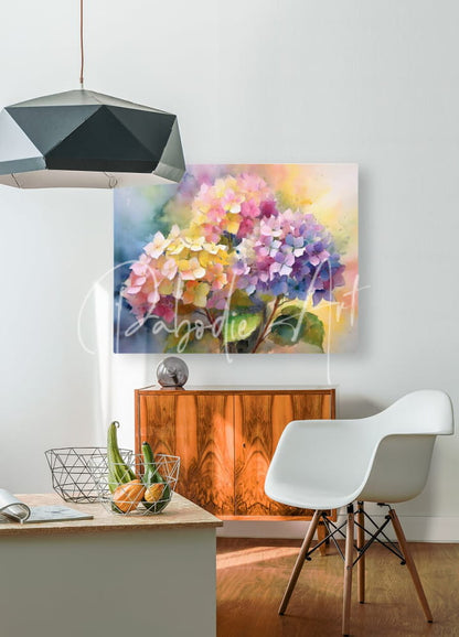 A vibrant watercolor painting of hydrangea blooms in soft pastel hues hanging on the wall