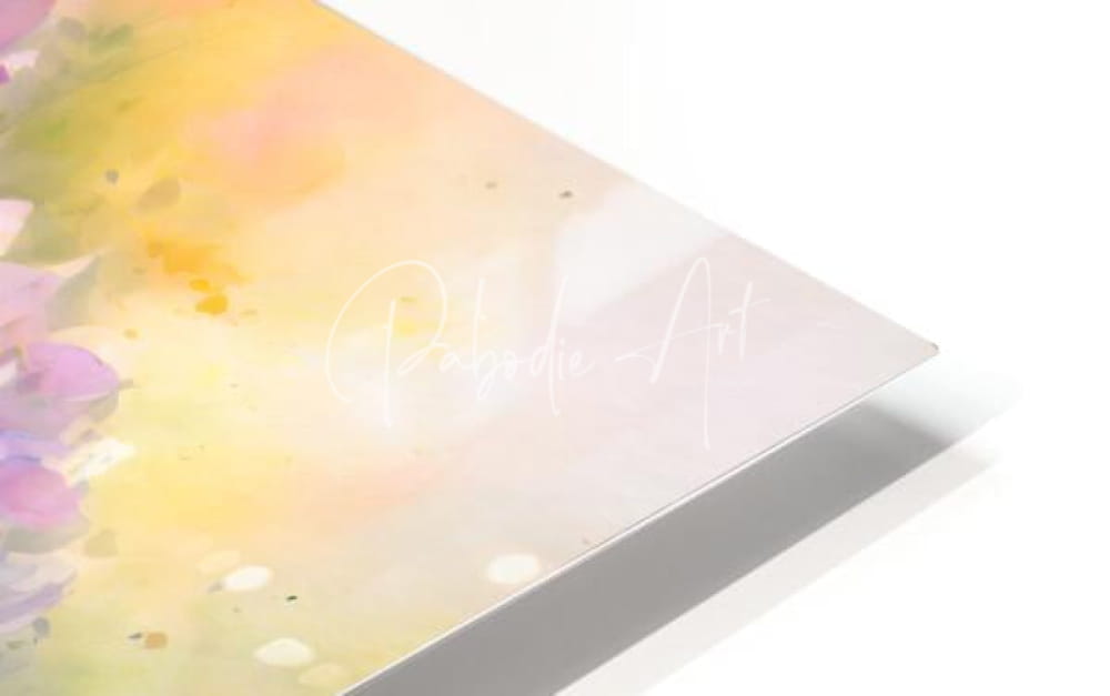 A soft watercolor print of purple and yellow hydrangea blooms on a clear acrylic sheet wall art