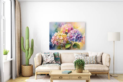 A vibrant watercolor painting of pink purple and yellow hydrangea blooms hanging above a beige sofa