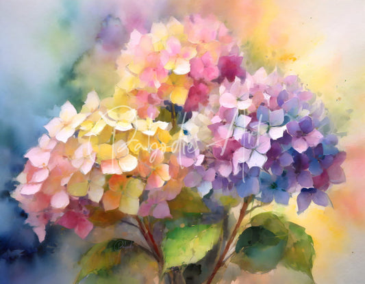 A vibrant watercolor painting of hydrangea blooms in pastel pink yellow and purple on a decorative art print