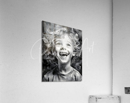 Acrylic print of a black and white watercolor portrait of a laughing child with curly hair titled infectious joy