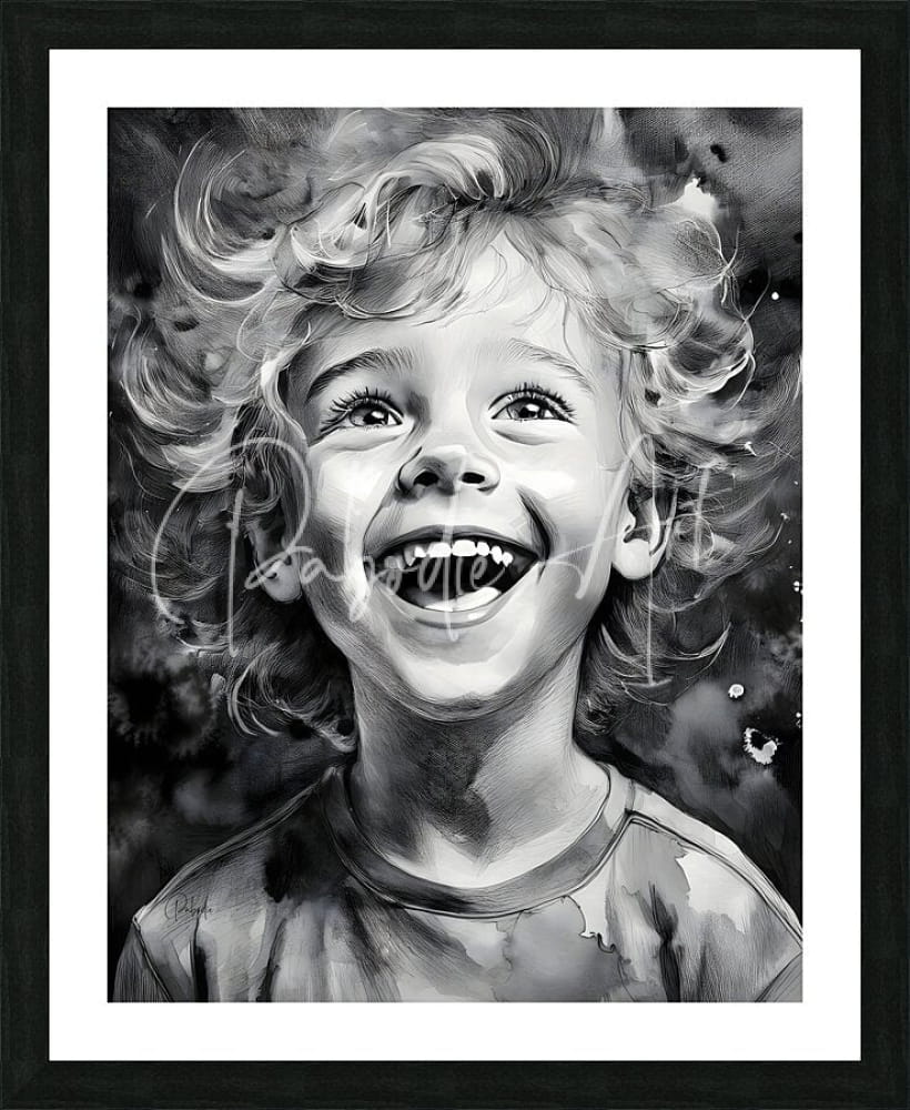 Black and white framed portrait of a smiling child with curly hair titled infectious joy wall art