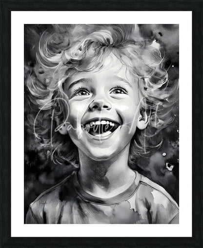 Black and white framed portrait of a smiling child with curly hair titled infectious joy wall art
