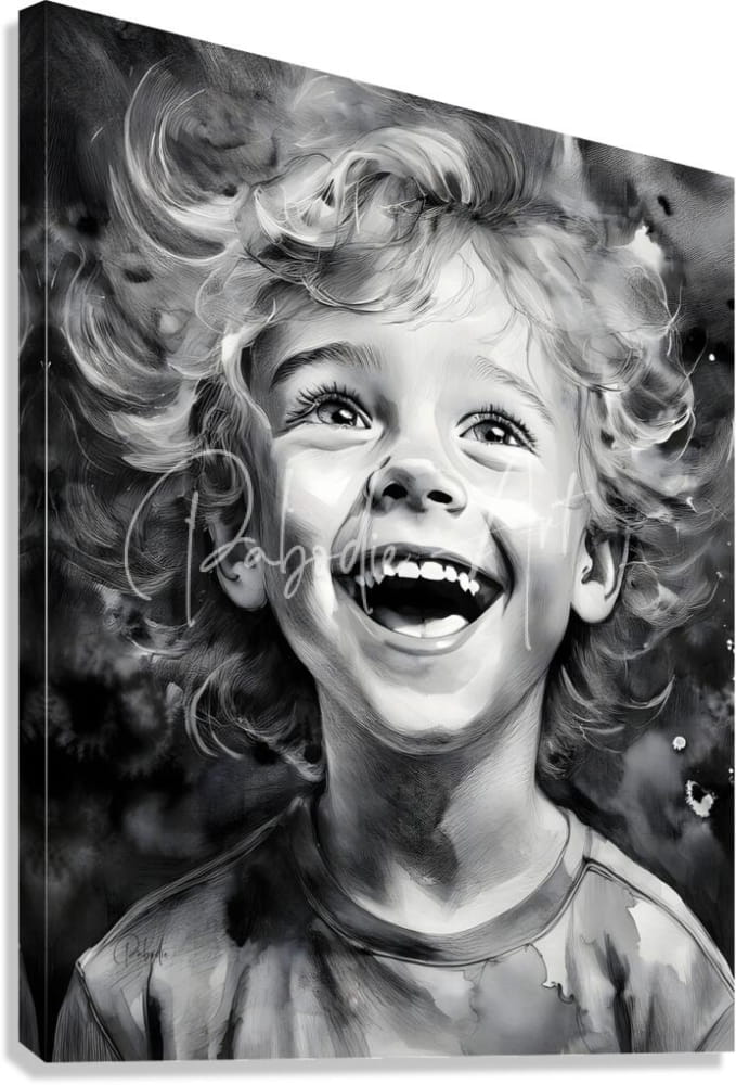 Black-and-white canvas print titled infectious joy featuring a laughing child with curly hair for home decor