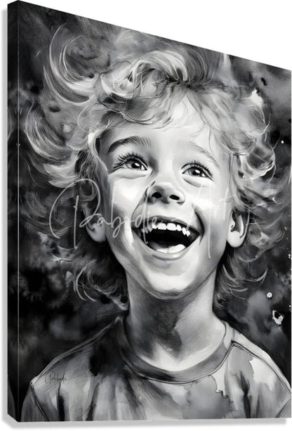 Black-and-white canvas print titled infectious joy featuring a laughing child with curly hair for home decor