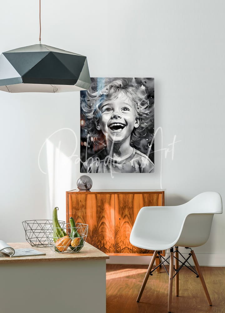 Black-and-white canvas print titled infectious joy of a laughing child with curly hair mounted on the wall