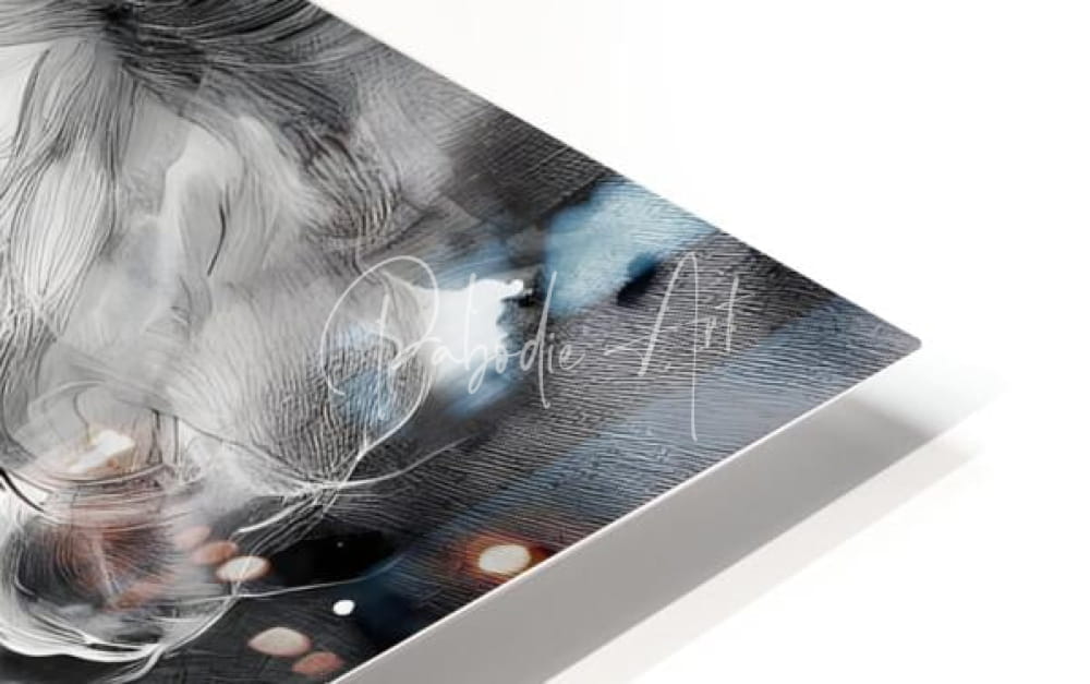 A sleek modern floating canvas print titled infectious joy featuring abstract charcoal white sketch with blue accents