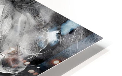A sleek modern floating canvas print titled infectious joy featuring abstract charcoal white sketch with blue accents