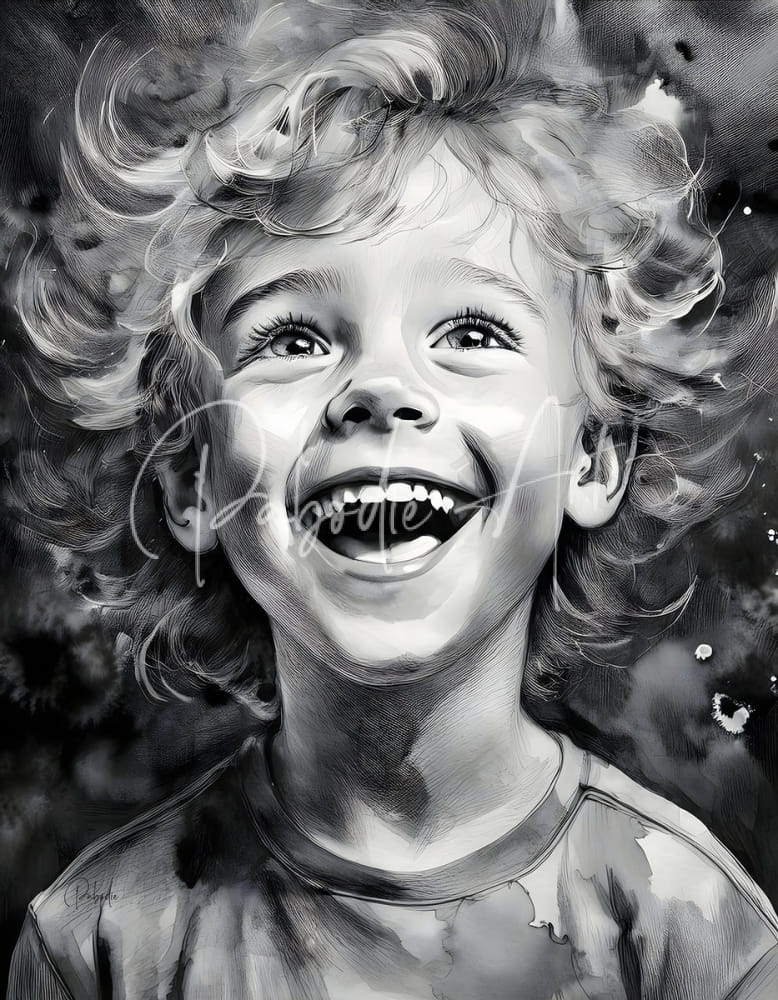 A detailed black and white sketch of a joyful child with curly hair for infectious joy product design