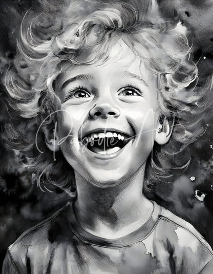 A detailed black and white sketch of a joyful child with curly hair for infectious joy product design