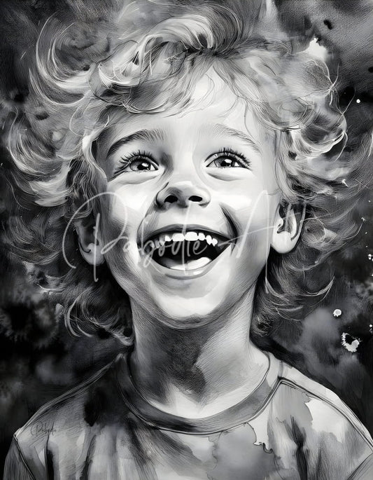 A detailed black and white sketch of a joyful child with curly hair for infectious joy product design