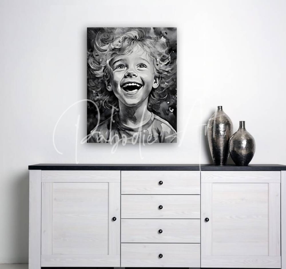 Black and white canvas painting of a laughing child with curly hair titled infectious joy for home decor