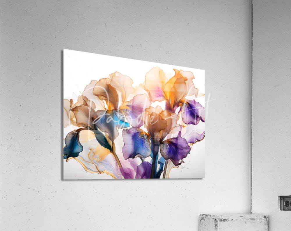 A rectangular acrylic print titled iris golden petals featuring a vibrant abstract floral design with purple orange and blue irises on white background