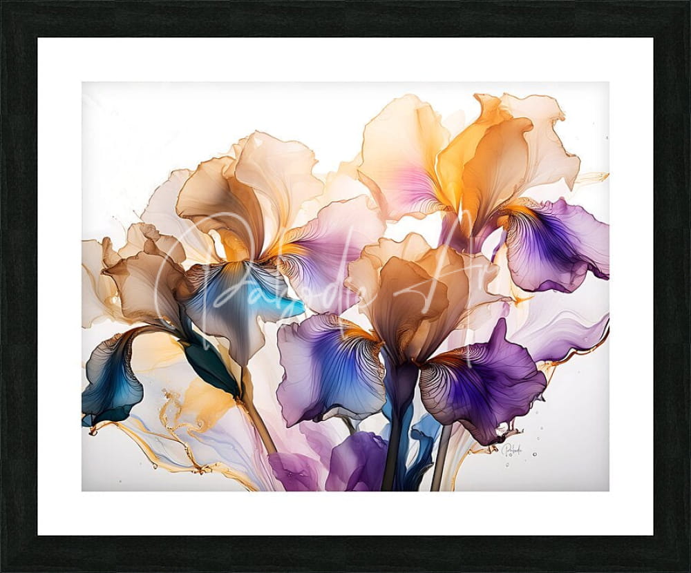 A framed artwork titled Iris Golden Petals featuring a vibrant abstract depiction of purple blue and gold irises