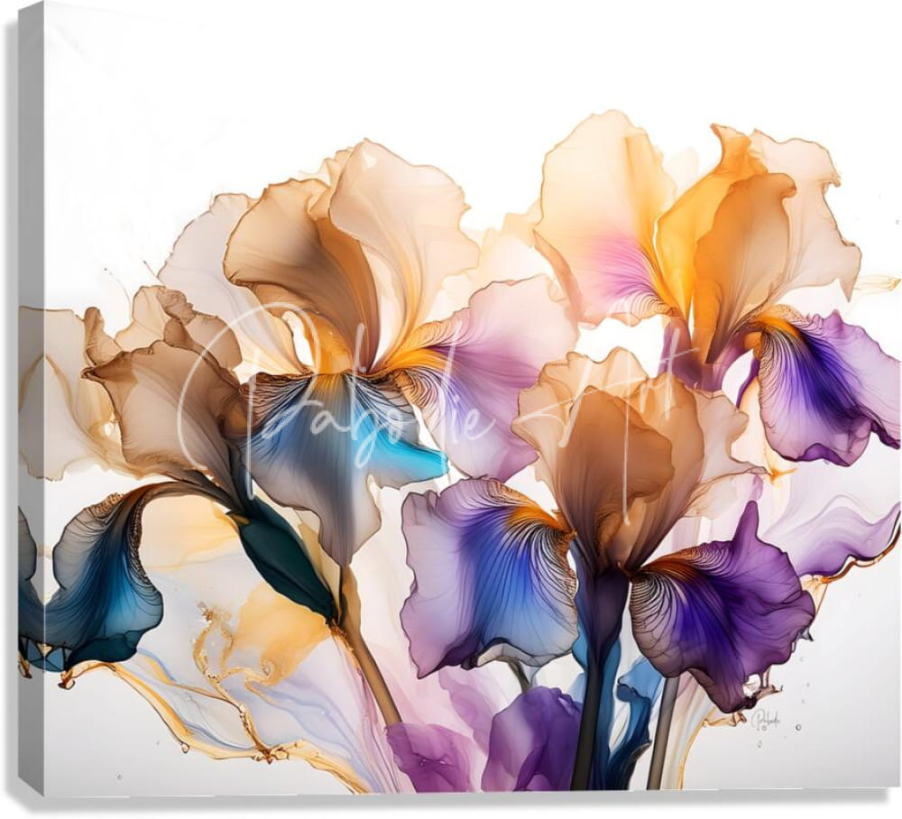 A vibrant abstract canvas print titled Iris Golden Petals featuring irises in purple gold and blue hues