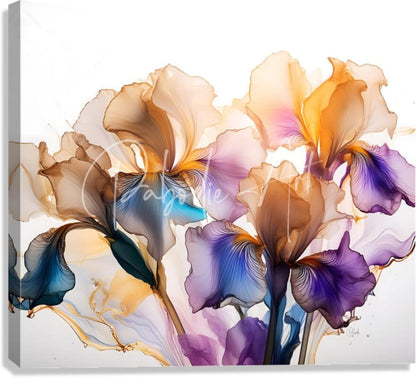 A vibrant abstract canvas print titled Iris Golden Petals featuring irises in purple gold and blue hues