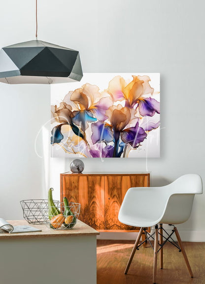 A vibrant abstract painting of irises in purple blue and orange titled Iris Golden Petals hanging on the wall